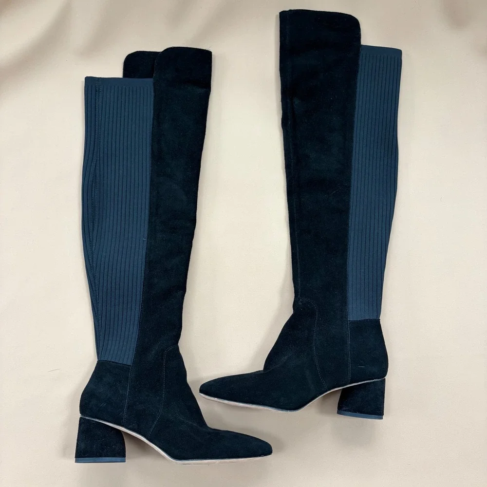 Antonio Melani Haddison Black Suede Over The Knee Block Heel Boots Size 6.5M New